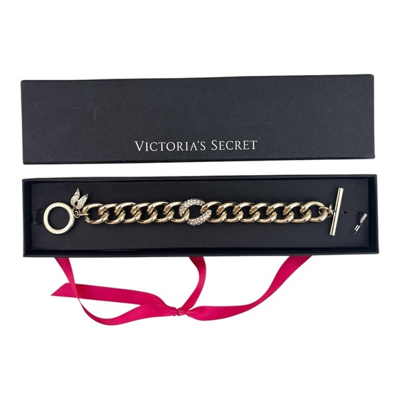 Victoria's Secret Jewelry - Victoria's Secret Gold Tone Chunky Curb Chain Rhinestone Angel Wing Bracelet Box